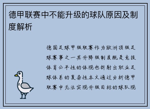 德甲联赛中不能升级的球队原因及制度解析